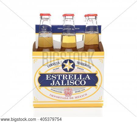IRVINE, CALIFORNIA - MARCH 21, 2018: Six pack of Estrella Jalisco Beer side view. Estrella Jalisco is a American Lager style beer brewed by Grupo Modelo,