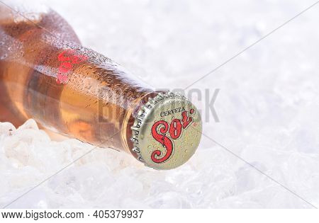 IRVINE, CA - AUGUST 26, 2016: A single bottle of Sol Beer. From the Cuauhtemoc Moctezuma Brewery, in Monterey, Mexico, it was first introduced in the 1890's as El Sol.