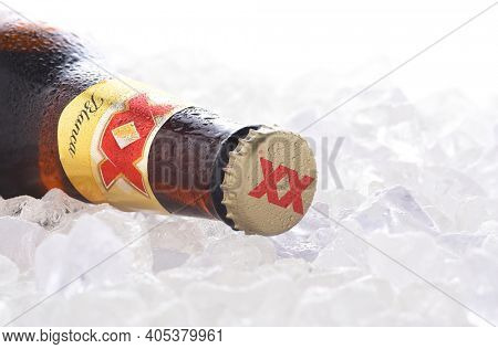 IRVINE, CA - JUNE 14, 2017: Dos Equis Blanca on ice. A single bottle of the wheat beer from Cuauhtemoc-Moctezuma Brewery in Monterrey, Mexico a subsidiary of Heineken International.