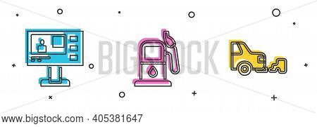 Set Television Report, Petrol Gas Station And Car Exhaust Icon. Vector