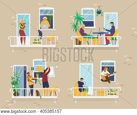 House Exterior With People On Cozy Balconies During Quarantine And Doing Different Activities: Study