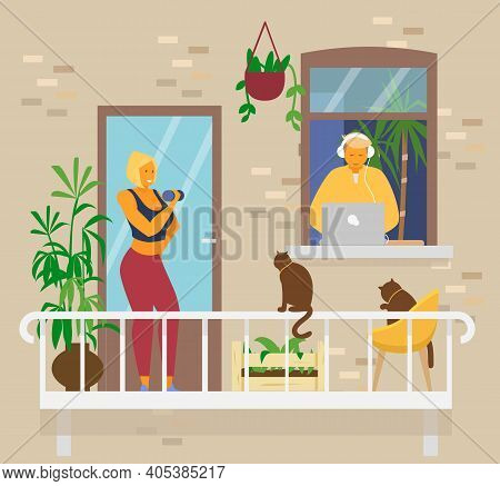 Young Couple At Home. Blond Smiling Woman Doing Exercices With Dumbbells On Balcony With Cats And Pl