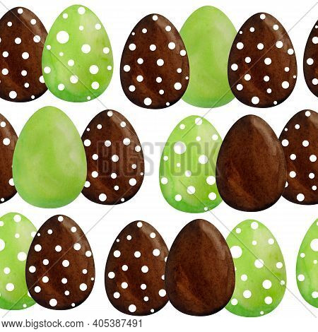 Seamless Watercolor Hand Drawn Pattern Happy Easter Eggs Of Green Brown Chocolate Color With Polka D