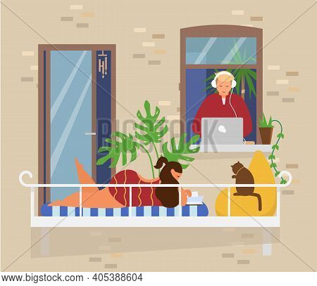 Stay At Home Concept. Woman In Swimsuit Reading Book And Sunbathing On Balcony With Cat And Plants. 