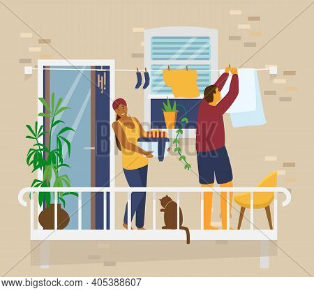 Couple On Balcony Hanging Up Laundry. Home Activities. Brick House Exterior. Flat Vector Illustratio