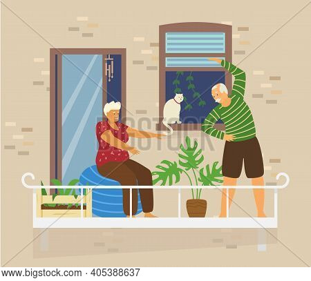 Old Couple Doing Exercises On Cozy Balcony With Cat And Plants. Brick House Exterior. Home Activitie