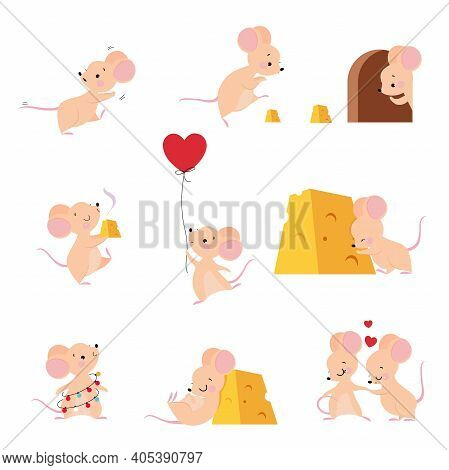 Cute Mouse With Pointed Snout And Rounded Ears Holding Balloon And Sleeping With Cheese Slab Vector 