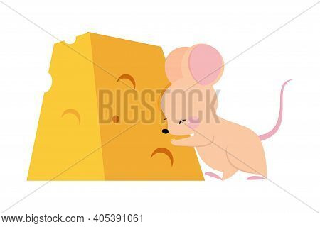 Cute Mouse With Pointed Snout And Rounded Ears Pushing Huge Slab Of Cheese Vector Illustration