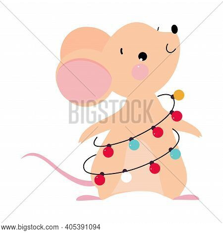 Cute Mouse With Pointed Snout And Rounded Ears Standing With Garland Wrapped Around Its Body Vector 