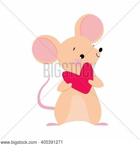 Funny Mouse With Pointed Snout And Rounded Ears Holding Heart Vector Illustration