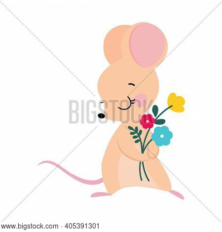 Funny Mouse With Pointed Snout And Rounded Ears Holding Bunch Of Flowers Vector Illustration
