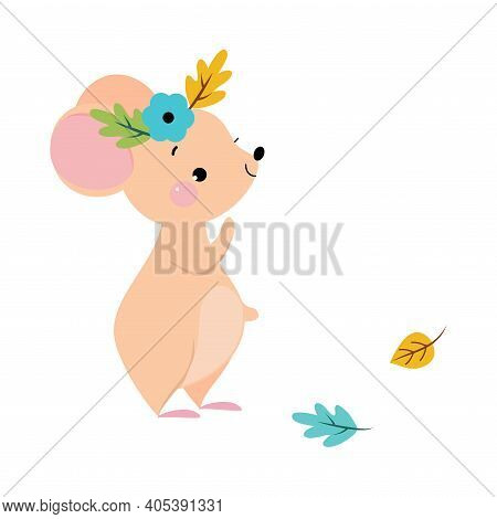 Funny Mouse With Pointed Snout And Rounded Ears Wearing Floral Wreath Vector Illustration