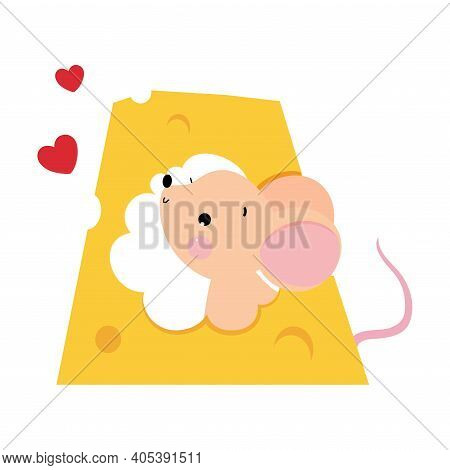 Funny Mouse With Pointed Snout And Rounded Ears Looking Out Cheese Hole Vector Illustration