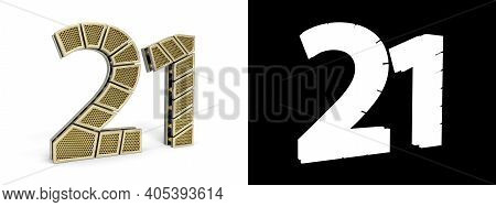 Gold Number Twenty-one (number 21) Cut Into Perforated Gold Segments With Alpha Channel And Shadow O