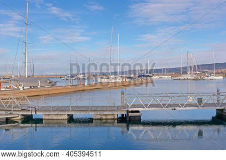 Muggia, Italy - February 4, 2018: Port San Rocco Marina At Adriatic Sea In Muggia, Italy.
