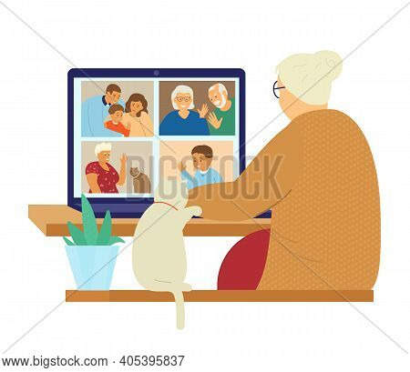 Family Videoconference. Online Communication. Old Lady In Front Of Computer Screen With Family Membe