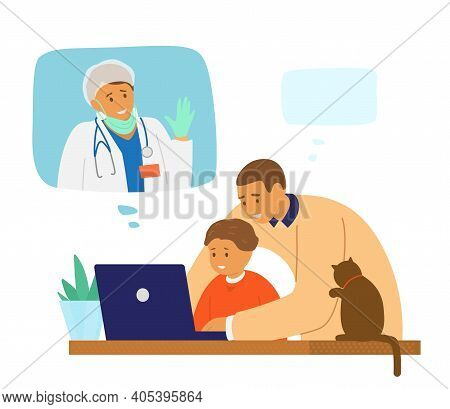 Family Videoconference. Dad With Kid Talks By Video Chat To His Wife Who Is Doctor In Hospital Fight