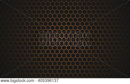 Golden Honeycomb Metal Textured Steel Background. Black And Gold Hexagon Carbon Fiber Texture. Gold 