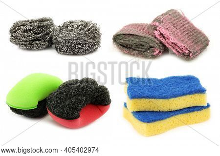 steel wool abrasive soap pads,  steel wire scrub, foam abrasive pads and yellow and blue  abrasive pads on a white background