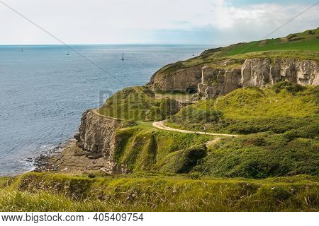 View Of Winspit Quarry From The Cliff Top Coastal Walk, Near Worth Matravers, Dorset, Engand, Uk