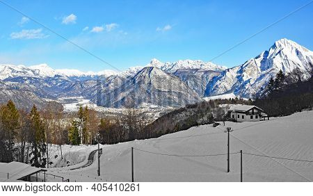 The Winter Alpine Landscape Near Pozzis In Udine Province, Friuli-venezia Giulia In North East Italy