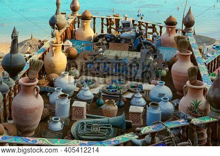 Sharm El Sheikh, Egypt - September 19, 2019: Beautiful Top View Of Popular Farsha Cafe On Seaside In