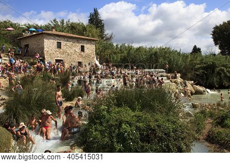 Saturnia (gr), Italy - June 12, 2017: Cascate Del Mulino And Thermal Waters, Mill Waterfalls, Saturn