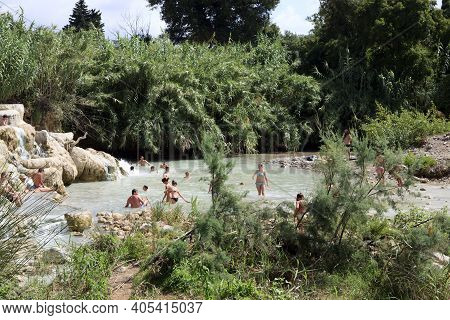 Saturnia (gr), Italy - June 12, 2017: Cascate Del Mulino And Thermal Waters, Mill Waterfalls, Saturn
