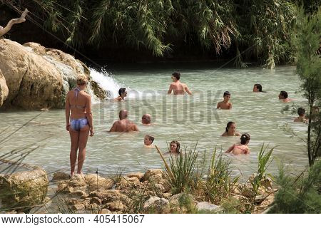 Saturnia (gr), Italy - June 12, 2017: Cascate Del Mulino And Thermal Waters, Mill Waterfalls, Saturn