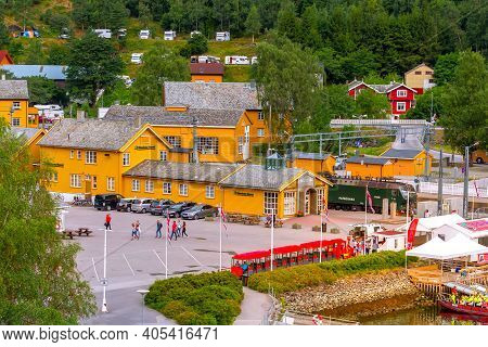 Flam, Norway - July 31, 2018: High Angle Town Summer View, Train Station With Flamsbana Train And Mu