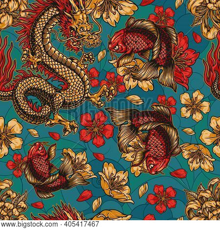 Japanese Style Vintage Colorful Seamless Pattern With Fantasy Dragons Koi Carps Blooming Flowers And