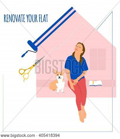 Renovation, Repair Flat, New Interior Design Concept. Woman And Cute Dog Corgi Stay Home And Dreamin