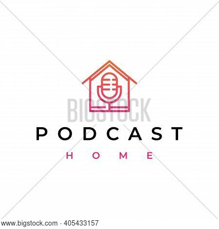 Line Art Mic Podcast House Home Logo Design Vector Icon Illustration
