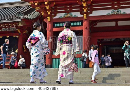 Kamakura, Japan - 19 April, 2019: People Walking In The Tsurugaoka Hachimangu. The Temple Is The Mos