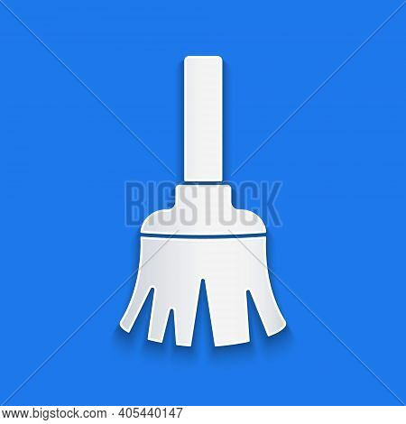 Paper Cut Feather Broom For Cleaning Icon Isolated On Blue Background. Feather Duster. Paper Art Sty