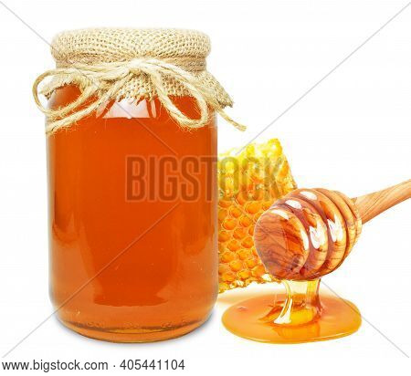 Multiflorous Honey In A Jar, Honeycomb And Dipper