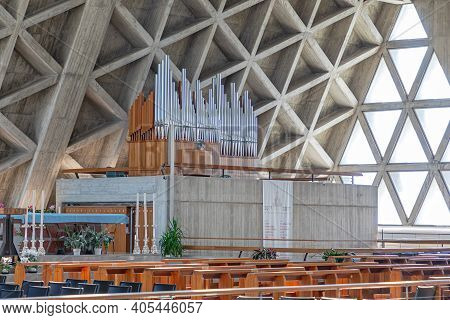 Trieste, Italy - March 7, 2020: Organ Pipes In Temple Of Monte Grisa Catholic Church In Trieste, Ita