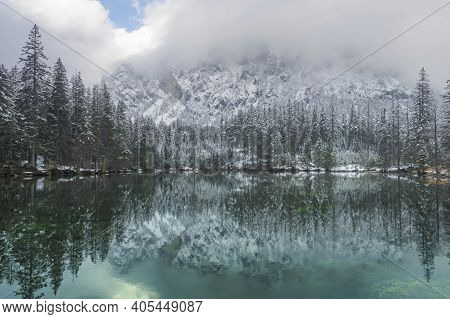 Amazing Winter Landscape With Snowy Mountains And Clear Waters Of Green Lake (gruner See), Famous To