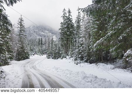 Beautiful Winter Landscape With Snowy Mountains Near Green Lake (gruner See), Famous Tourist Destina