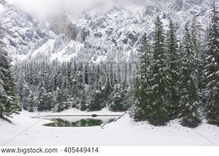 Amazing Winter Landscape With Snowy Mountains And Clear Waters Of Green Lake (gruner See), Famous To