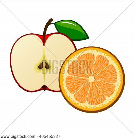 Drawn Ripe Orange And Apple.
Cut Apple And Orange On A White Background. Vector Illustration.