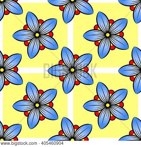 Pattern With A Stylized Flower.
Seamless Floral Texture. Blue Flower On A Yellow Background. Vector 