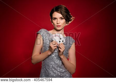 Photo Of Attractive Lady Professional Casino Poker Player Hold Cards Risky Gamer All In Cheating Blu