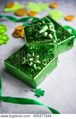 Happy St. Patrick's Day. Card With  Lucky Clover, Green Gift Box. Irish Festival Symbol. Lucky Conce