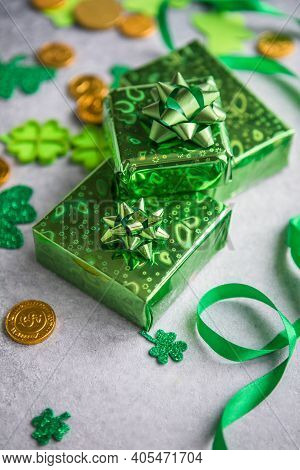 Happy St. Patrick's Day. Card With  Lucky Clover, Green Gift Box. Irish Festival Symbol. Lucky Conce