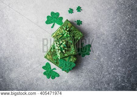 Happy St. Patrick's Day. Card With  Lucky Clover, Green Gift Box. Irish Festival Symbol. Lucky Conce