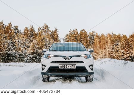 Russia, Tambov 17.01.2021. Rav4 Crossover In The Winter Forest.