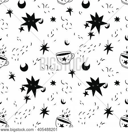 Seamless Pattern With Sleeping Stars And A Mug Of Magic Drink. A Hand-drawn Pattern Of Celestial And