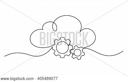 Cloud Technology Sign. Clods With Gears. Continuous One Line Drawing.