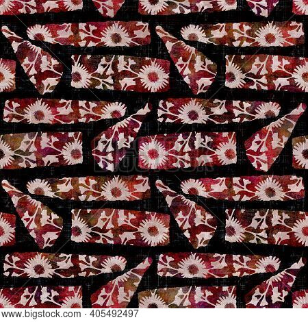 Seamless Dark Geometric Block Print Background. Boho Ethnic Soft Furnishing Fabric Style. Tie Dye Pa